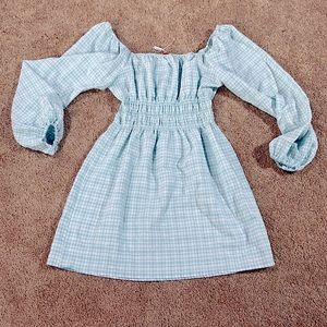 LEYDEN chambray smock elastic high waist balloon offshoulder gingham dress green